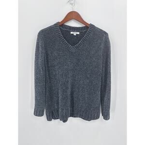 Orvis Chenille Sweater Navy Marled V Neck Soft Knit Pullover Size Small